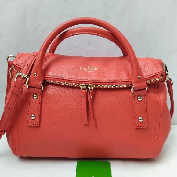 Kate Spade Red Pebbled Leather Foldover Zipper Closure Satchel Crossbody Bag - Picture 1 of 16